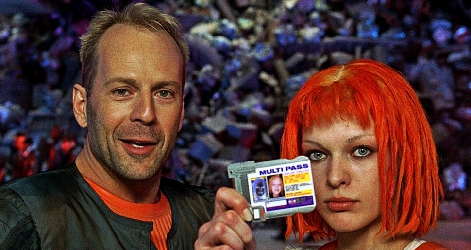It is a picture of the male and female lead of The Fifth Element standing together and the female lead has a badge with her name and picture on it.
